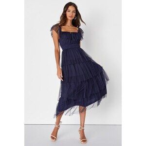 Lulus Tier I Come Navy Blue Tulle Square Neck Tiered Midi Dress - Size XL